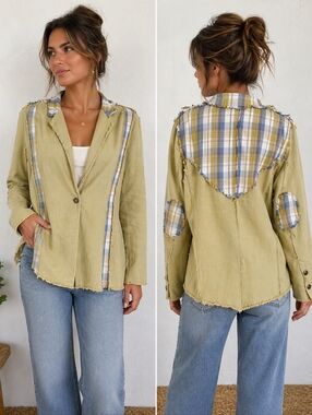 Pol Patchwork Plaid Jacket  Boho Western Lagen Look Summer Size: XL